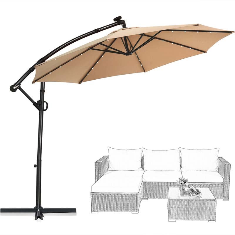 10FT Solar LED Offset Cantilever Umbrella, 360° Rotation Outdoor Patio Market Umbrella with Tilt Adjustment, Cross Base & Crank Handle