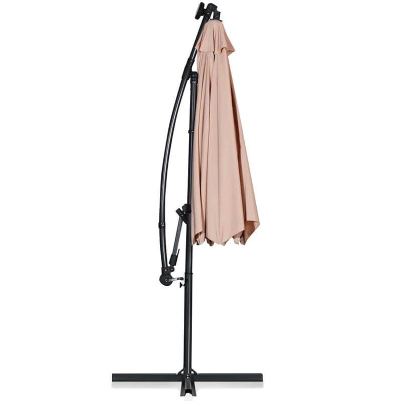 10FT Solar LED Offset Cantilever Umbrella, 360° Rotation Outdoor Patio Market Umbrella with Tilt Adjustment, Cross Base & Crank Handle