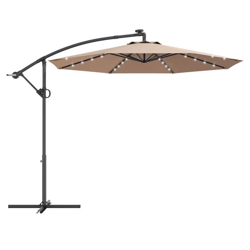 10FT Solar LED Offset Cantilever Umbrella, 360° Rotation Outdoor Patio Market Umbrella with Tilt Adjustment, Cross Base & Crank Handle