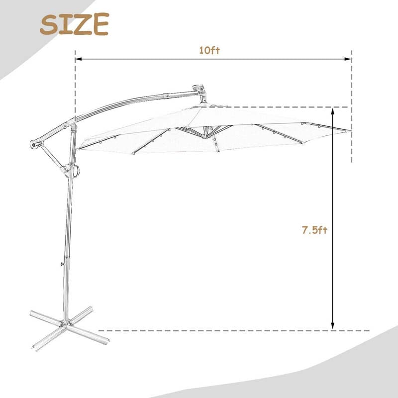 10FT Solar LED Offset Cantilever Umbrella, 360° Rotation Outdoor Patio Market Umbrella with Tilt Adjustment, Cross Base & Crank Handle