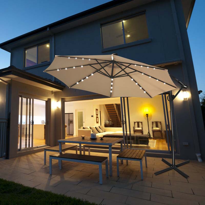 10FT Solar LED Offset Cantilever Umbrella, 360° Rotation Outdoor Patio Market Umbrella with Tilt Adjustment, Cross Base & Crank Handle