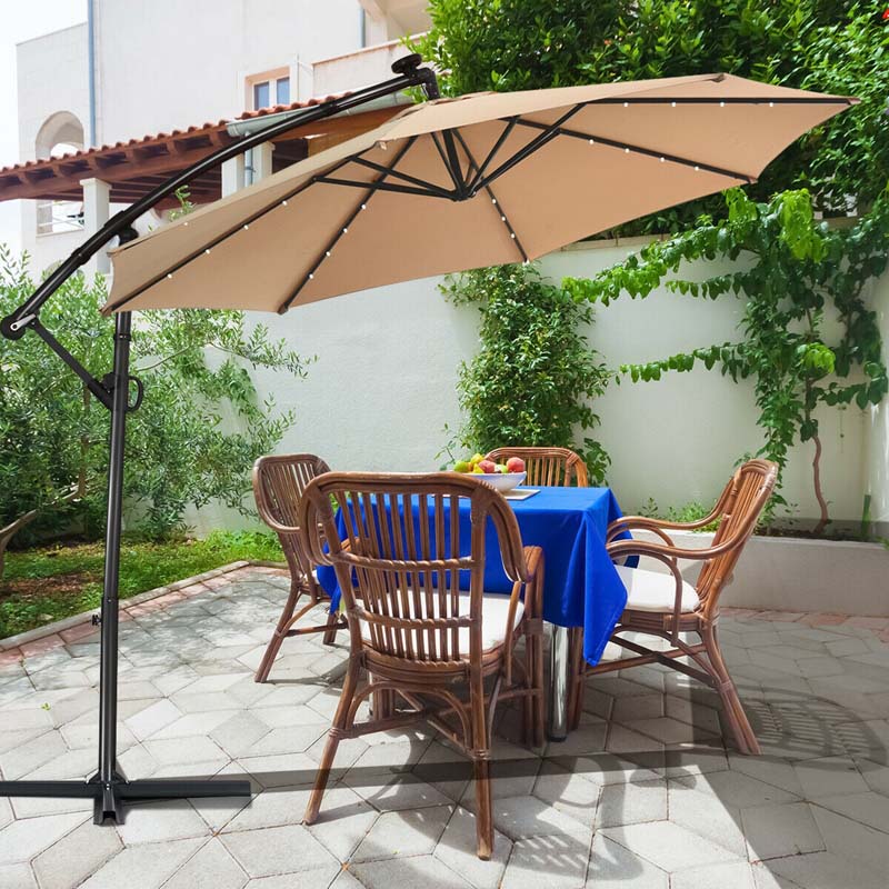 10FT Solar LED Offset Cantilever Umbrella, 360° Rotation Outdoor Patio Market Umbrella with Tilt Adjustment, Cross Base & Crank Handle