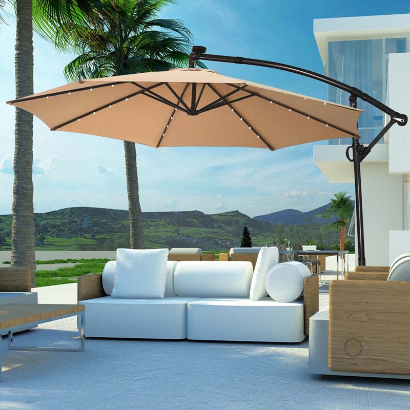 10 FT Patio Offset Umbrella with Solar Lights 360° Rotation Outdoor Market Umbrella with Crank Handle & Cross Base