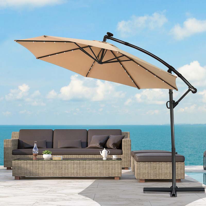 10FT Solar LED Offset Cantilever Umbrella, 360° Rotation Outdoor Patio Market Umbrella with Tilt Adjustment, Cross Base & Crank Handle