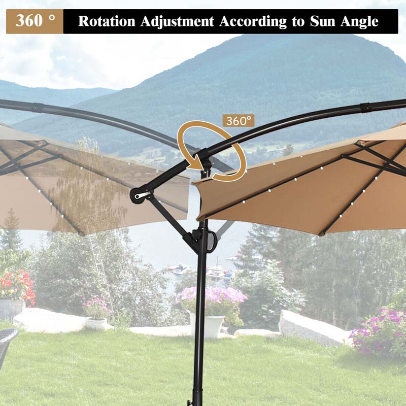 10FT Solar LED Offset Cantilever Umbrella, 360° Rotation Outdoor Patio Market Umbrella with Tilt Adjustment, Cross Base & Crank Handle