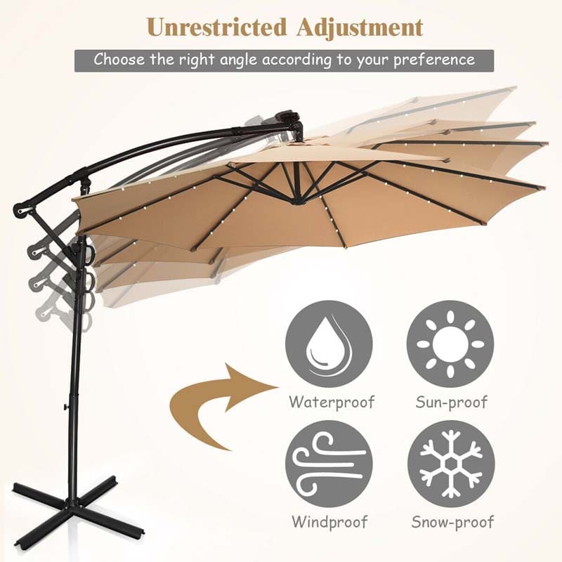 10FT Solar LED Offset Cantilever Umbrella, 360° Rotation Outdoor Patio Market Umbrella with Tilt Adjustment, Cross Base & Crank Handle