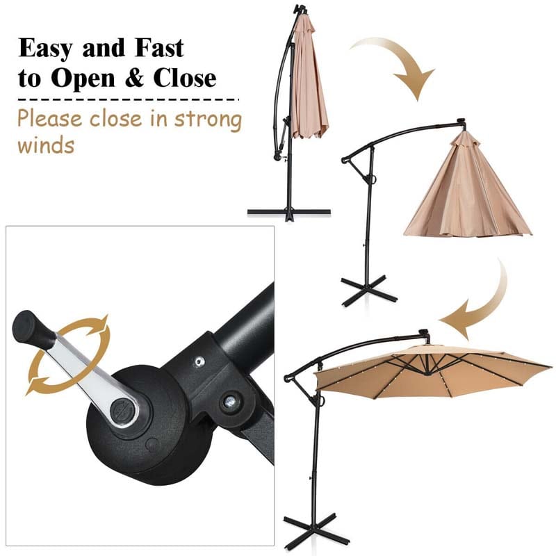 10FT Solar LED Offset Cantilever Umbrella, 360° Rotation Outdoor Patio Market Umbrella with Tilt Adjustment, Cross Base & Crank Handle