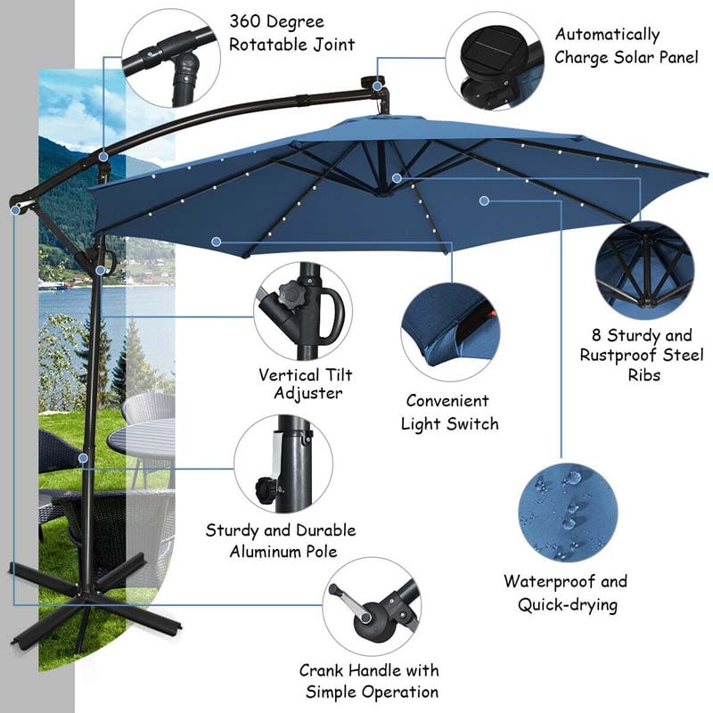 10FT Solar LED Offset Cantilever Umbrella, 360° Rotation Outdoor Patio Market Umbrella with Tilt Adjustment, Cross Base & Crank Handle