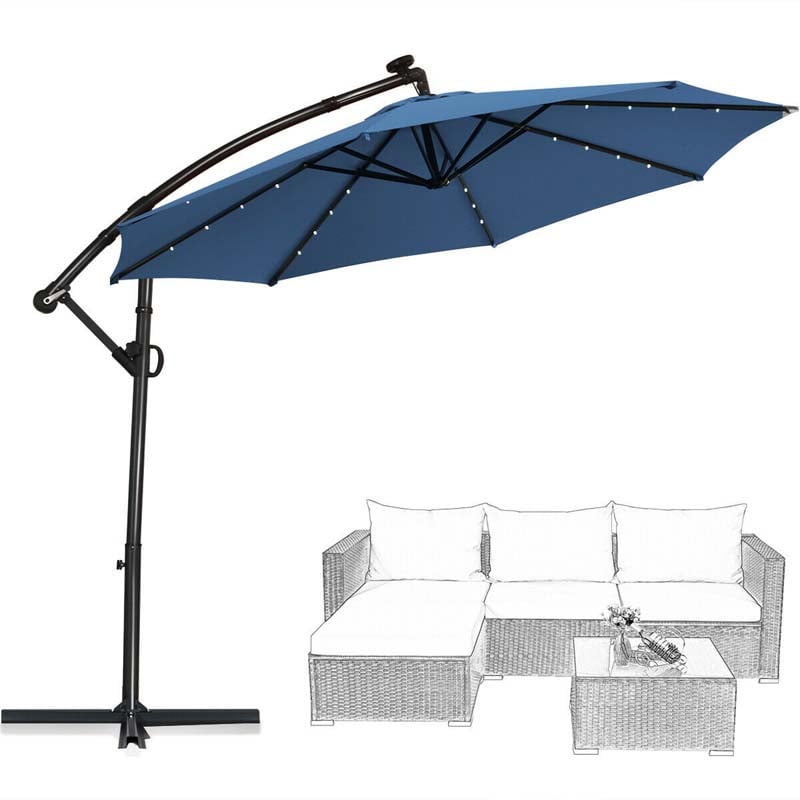 10FT Solar LED Offset Cantilever Umbrella, 360° Rotation Outdoor Patio Market Umbrella with Tilt Adjustment, Cross Base & Crank Handle