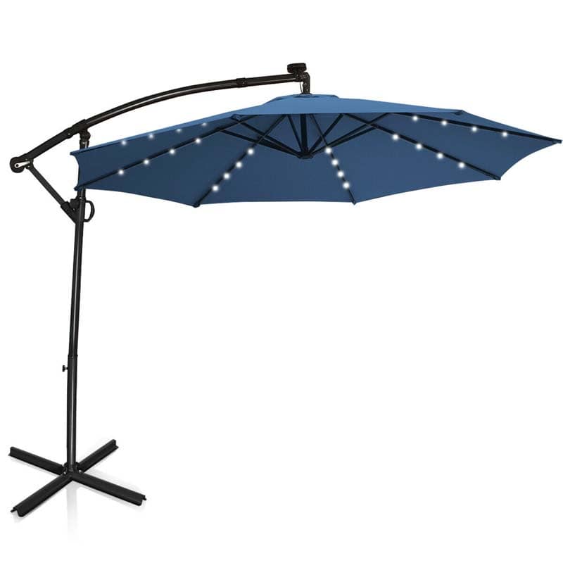 10FT Solar LED Offset Cantilever Umbrella, 360° Rotation Outdoor Patio Market Umbrella with Tilt Adjustment, Cross Base & Crank Handle