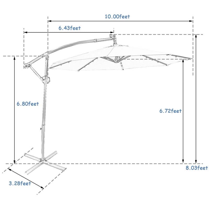 10FT Solar LED Offset Cantilever Umbrella, 360° Rotation Outdoor Patio Market Umbrella with Tilt Adjustment, Cross Base & Crank Handle