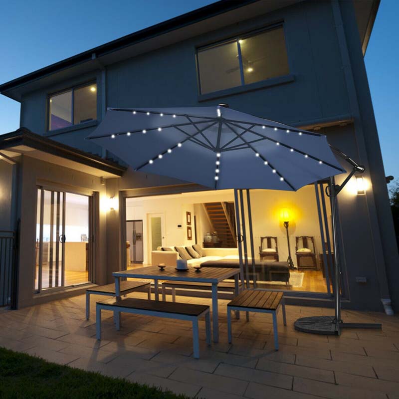 10FT Solar LED Offset Cantilever Umbrella, 360° Rotation Outdoor Patio Market Umbrella with Tilt Adjustment, Cross Base & Crank Handle