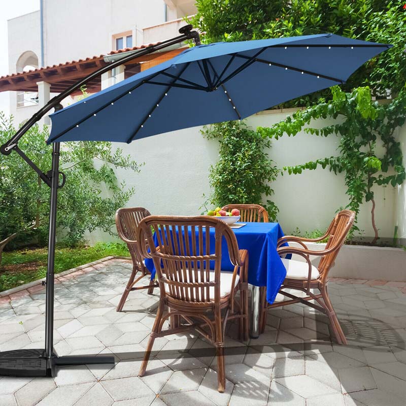 10FT Solar LED Offset Cantilever Umbrella, 360° Rotation Outdoor Patio Market Umbrella with Tilt Adjustment, Cross Base & Crank Handle