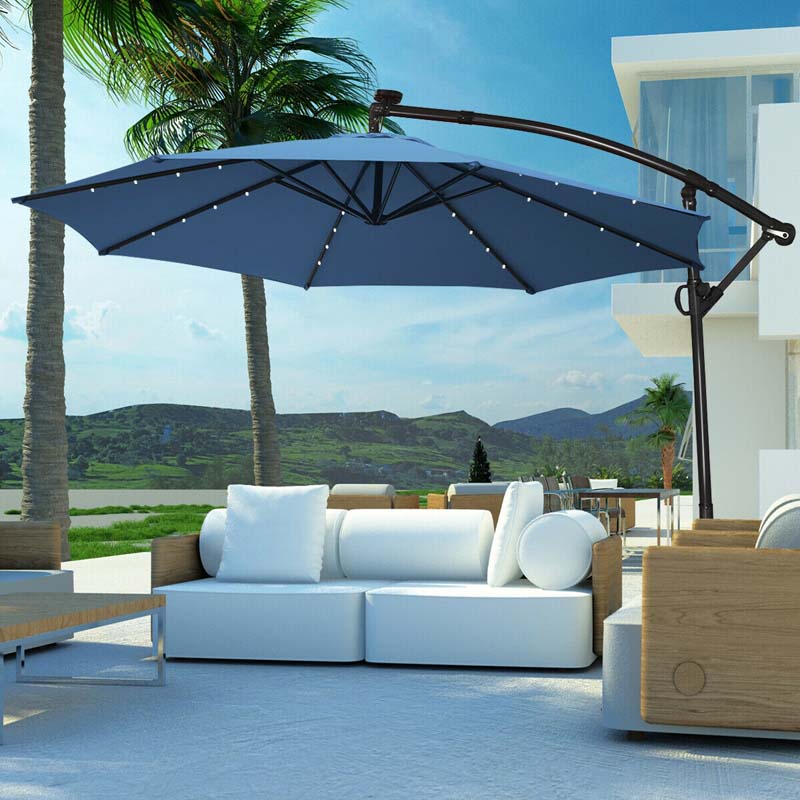 10FT Solar LED Offset Cantilever Umbrella, 360° Rotation Outdoor Patio Market Umbrella with Tilt Adjustment, Cross Base & Crank Handle