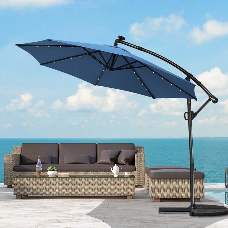 10FT Solar LED Offset Cantilever Umbrella, 360° Rotation Outdoor Patio Market Umbrella with Tilt Adjustment, Cross Base & Crank Handle