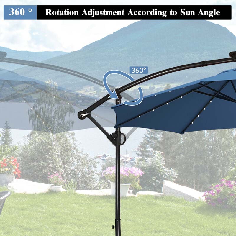 10FT Solar LED Offset Cantilever Umbrella, 360° Rotation Outdoor Patio Market Umbrella with Tilt Adjustment, Cross Base & Crank Handle