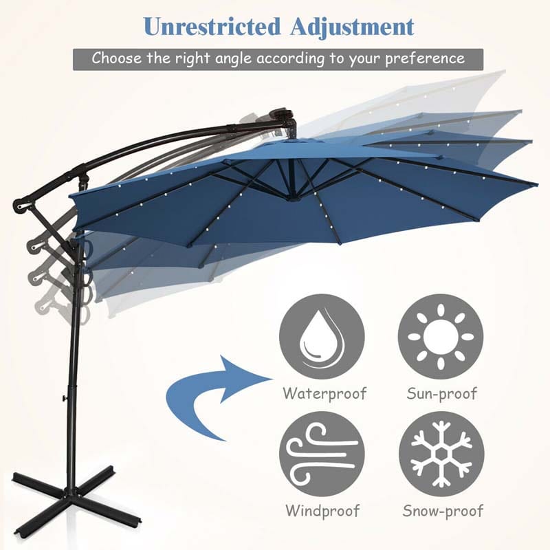 10FT Solar LED Offset Cantilever Umbrella, 360° Rotation Outdoor Patio Market Umbrella with Tilt Adjustment, Cross Base & Crank Handle