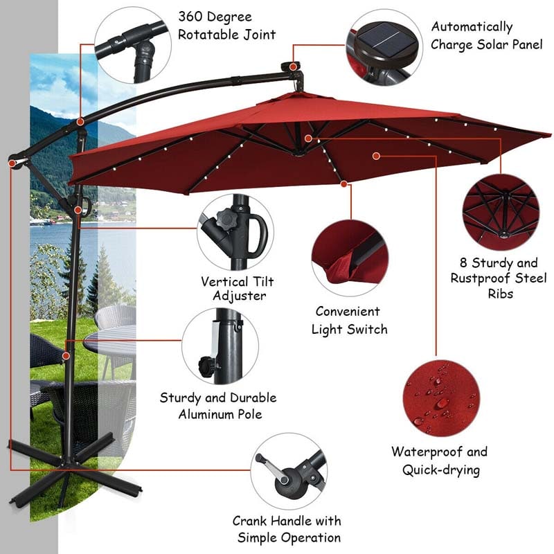 10FT Solar LED Offset Cantilever Umbrella, 360° Rotation Outdoor Patio Market Umbrella with Tilt Adjustment, Cross Base & Crank Handle