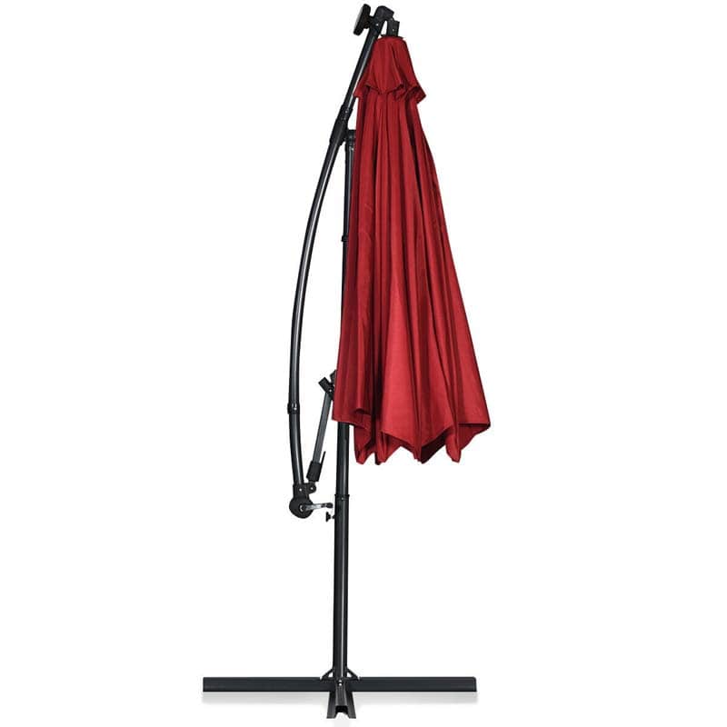 10FT Solar LED Offset Cantilever Umbrella, 360° Rotation Outdoor Patio Market Umbrella with Tilt Adjustment, Cross Base & Crank Handle