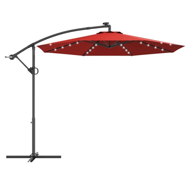 10FT Solar LED Offset Cantilever Umbrella, 360° Rotation Outdoor Patio Market Umbrella with Tilt Adjustment, Cross Base & Crank Handle