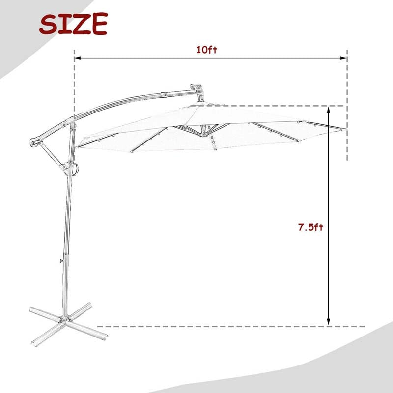 10FT Solar LED Offset Cantilever Umbrella, 360° Rotation Outdoor Patio Market Umbrella with Tilt Adjustment, Cross Base & Crank Handle