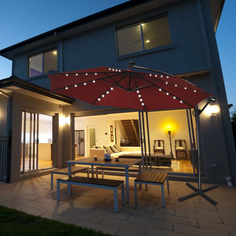 10FT Solar LED Offset Cantilever Umbrella, 360° Rotation Outdoor Patio Market Umbrella with Tilt Adjustment, Cross Base & Crank Handle