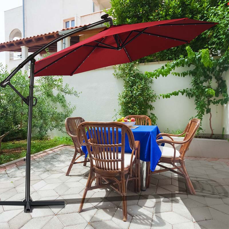 10FT Solar LED Offset Cantilever Umbrella, 360° Rotation Outdoor Patio Market Umbrella with Tilt Adjustment, Cross Base & Crank Handle