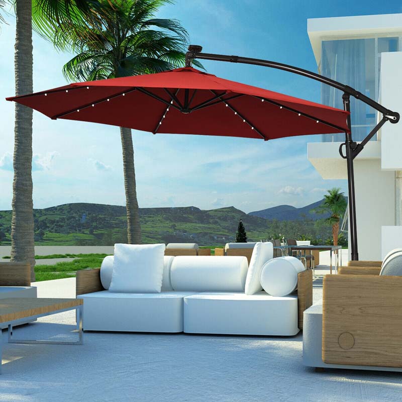 10FT Solar LED Offset Cantilever Umbrella, 360° Rotation Outdoor Patio Market Umbrella with Tilt Adjustment, Cross Base & Crank Handle