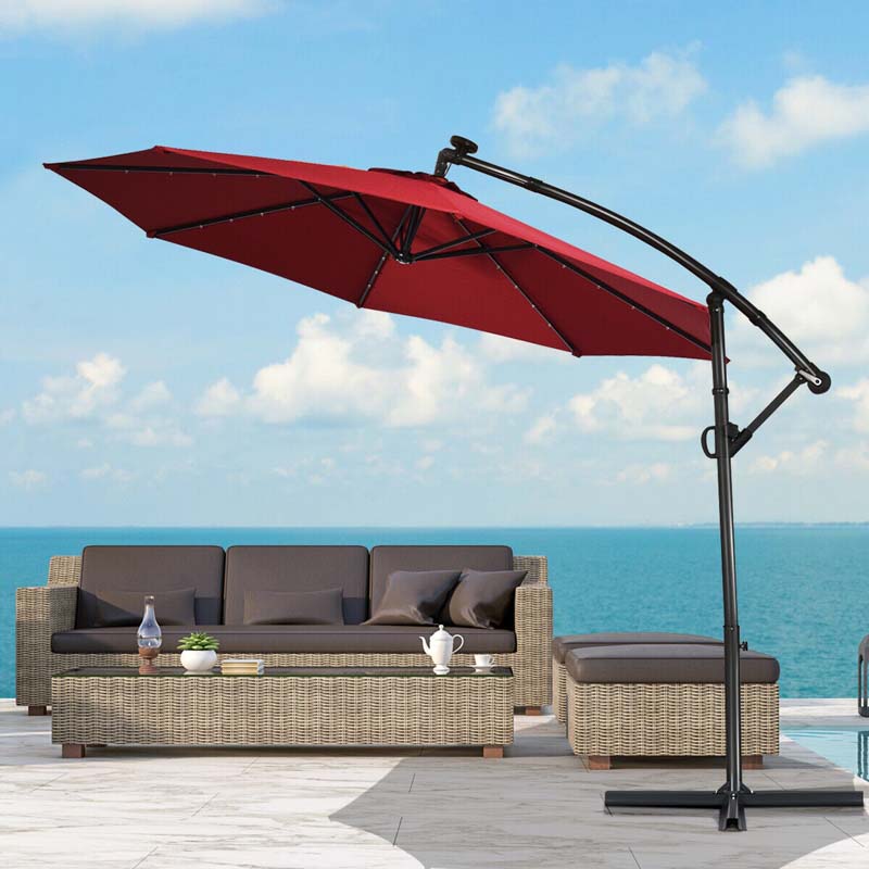 10FT Solar LED Offset Cantilever Umbrella, 360° Rotation Outdoor Patio Market Umbrella with Tilt Adjustment, Cross Base & Crank Handle