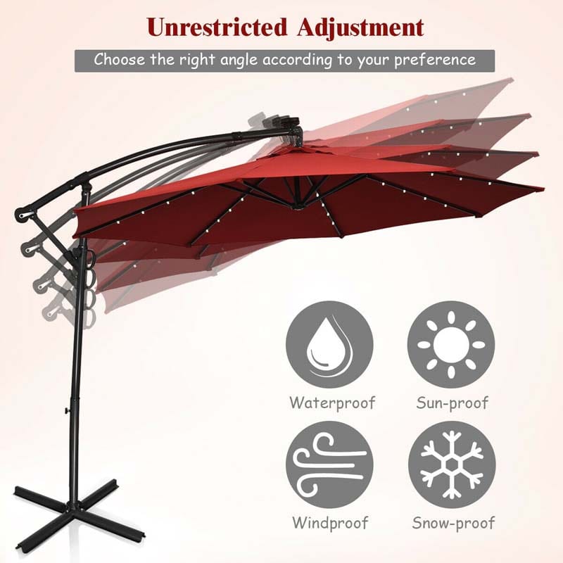 10FT Solar LED Offset Cantilever Umbrella, 360° Rotation Outdoor Patio Market Umbrella with Tilt Adjustment, Cross Base & Crank Handle