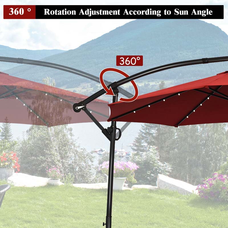 10FT Solar LED Offset Cantilever Umbrella, 360° Rotation Outdoor Patio Market Umbrella with Tilt Adjustment, Cross Base & Crank Handle