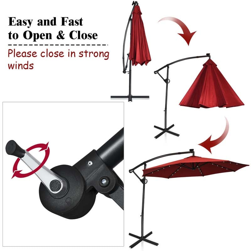 10FT Solar LED Offset Cantilever Umbrella, 360° Rotation Outdoor Patio Market Umbrella with Tilt Adjustment, Cross Base & Crank Handle