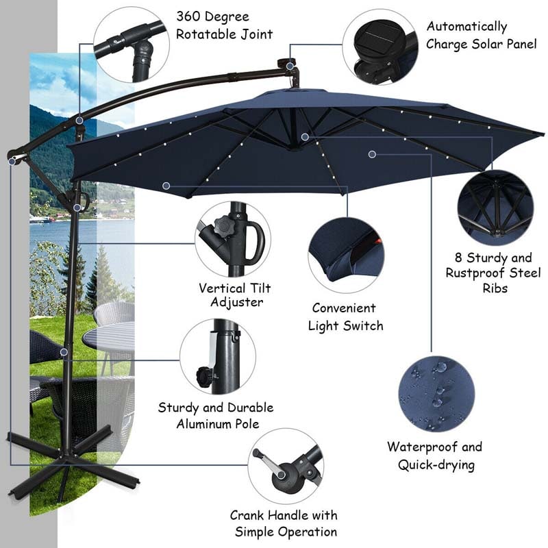 10FT Solar LED Offset Cantilever Umbrella, 360° Rotation Outdoor Patio Market Umbrella with Tilt Adjustment, Cross Base & Crank Handle
