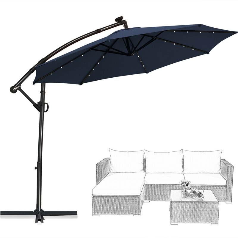 10FT Solar LED Offset Cantilever Umbrella, 360° Rotation Outdoor Patio Market Umbrella with Tilt Adjustment, Cross Base & Crank Handle