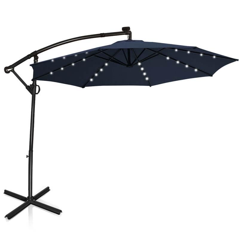 10FT Solar LED Offset Cantilever Umbrella, 360° Rotation Outdoor Patio Market Umbrella with Tilt Adjustment, Cross Base & Crank Handle