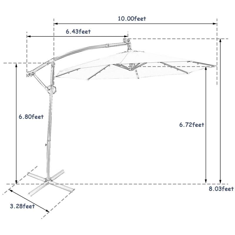 10FT Solar LED Offset Cantilever Umbrella, 360° Rotation Outdoor Patio Market Umbrella with Tilt Adjustment, Cross Base & Crank Handle