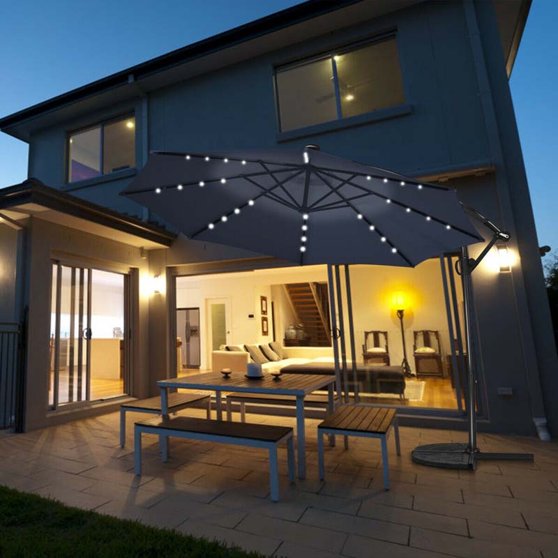 10FT Solar LED Offset Cantilever Umbrella, 360° Rotation Outdoor Patio Market Umbrella with Tilt Adjustment, Cross Base & Crank Handle