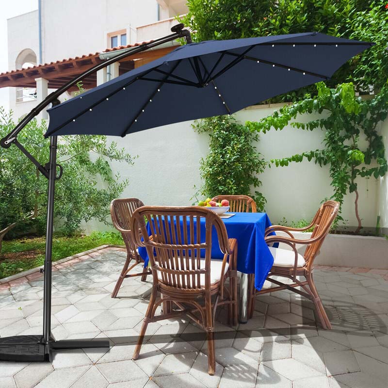10FT Solar LED Offset Cantilever Umbrella, 360° Rotation Outdoor Patio Market Umbrella with Tilt Adjustment, Cross Base & Crank Handle