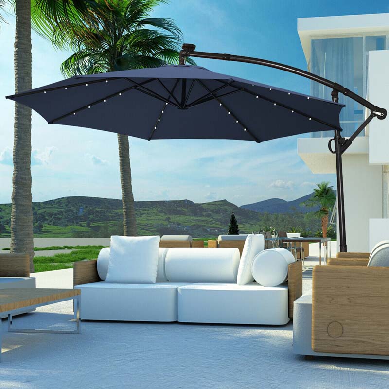 10FT Solar LED Offset Cantilever Umbrella, 360° Rotation Outdoor Patio Market Umbrella with Tilt Adjustment, Cross Base & Crank Handle