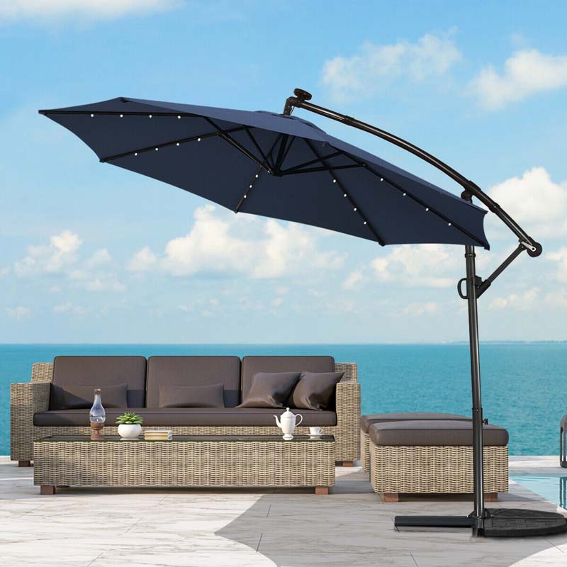 10FT Solar LED Offset Cantilever Umbrella, 360° Rotation Outdoor Patio Market Umbrella with Tilt Adjustment, Cross Base & Crank Handle