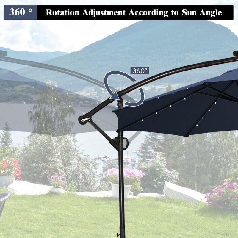 10FT Solar LED Offset Cantilever Umbrella, 360° Rotation Outdoor Patio Market Umbrella with Tilt Adjustment, Cross Base & Crank Handle