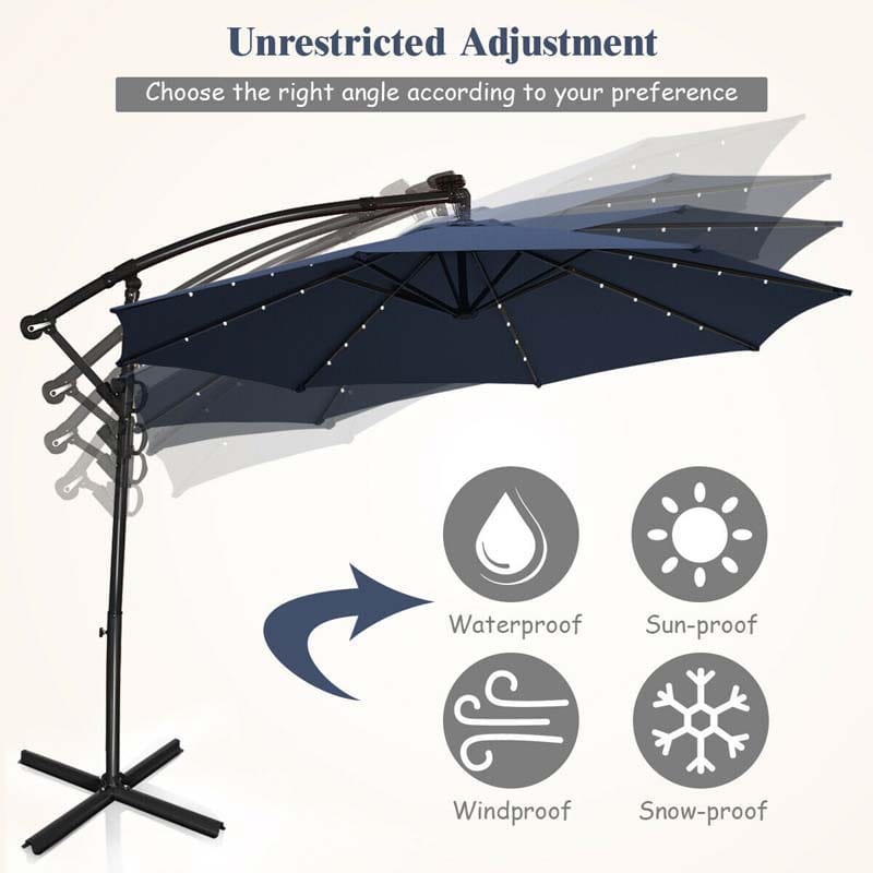 10FT Solar LED Offset Cantilever Umbrella, 360° Rotation Outdoor Patio Market Umbrella with Tilt Adjustment, Cross Base & Crank Handle