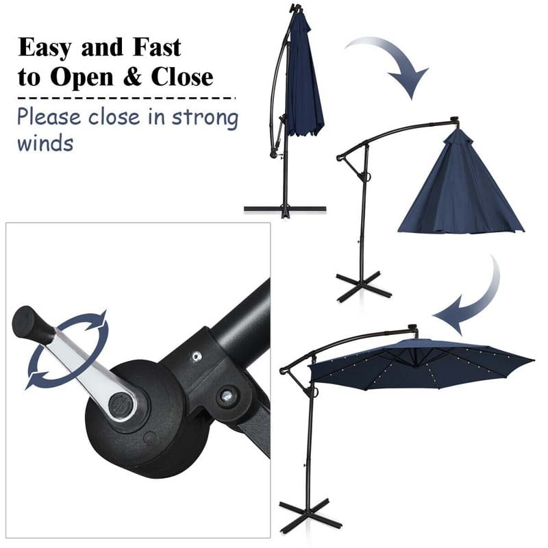10FT Solar LED Offset Cantilever Umbrella, 360° Rotation Outdoor Patio Market Umbrella with Tilt Adjustment, Cross Base & Crank Handle