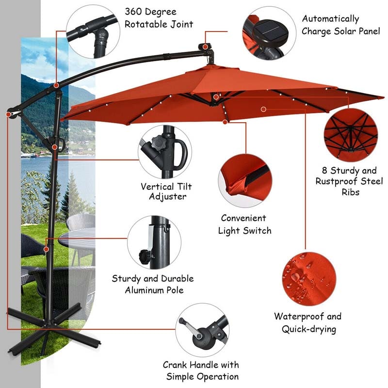 10FT Solar LED Offset Cantilever Umbrella, 360° Rotation Outdoor Patio Market Umbrella with Tilt Adjustment, Cross Base & Crank Handle
