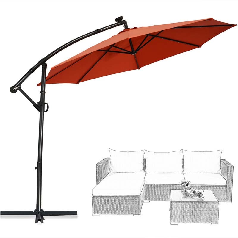 10FT Solar LED Offset Cantilever Umbrella, 360° Rotation Outdoor Patio Market Umbrella with Tilt Adjustment, Cross Base & Crank Handle