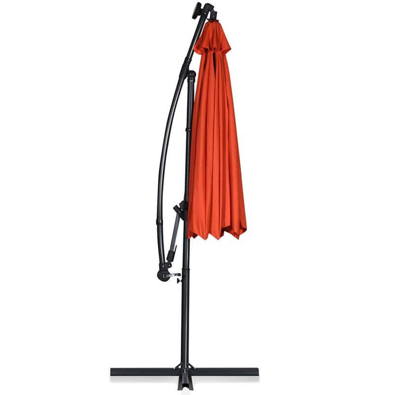 10FT Solar LED Offset Cantilever Umbrella, 360° Rotation Outdoor Patio Market Umbrella with Tilt Adjustment, Cross Base & Crank Handle