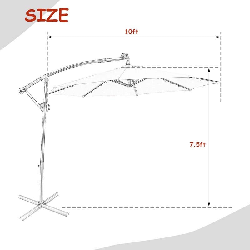 10FT Solar LED Offset Cantilever Umbrella, 360° Rotation Outdoor Patio Market Umbrella with Tilt Adjustment, Cross Base & Crank Handle