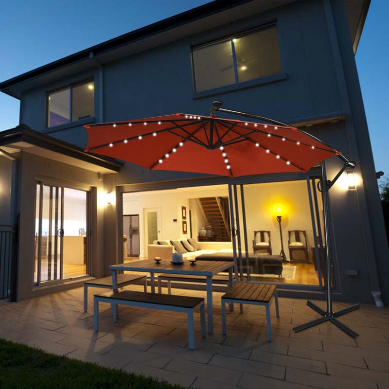 10FT Solar LED Offset Cantilever Umbrella, 360° Rotation Outdoor Patio Market Umbrella with Tilt Adjustment, Cross Base & Crank Handle