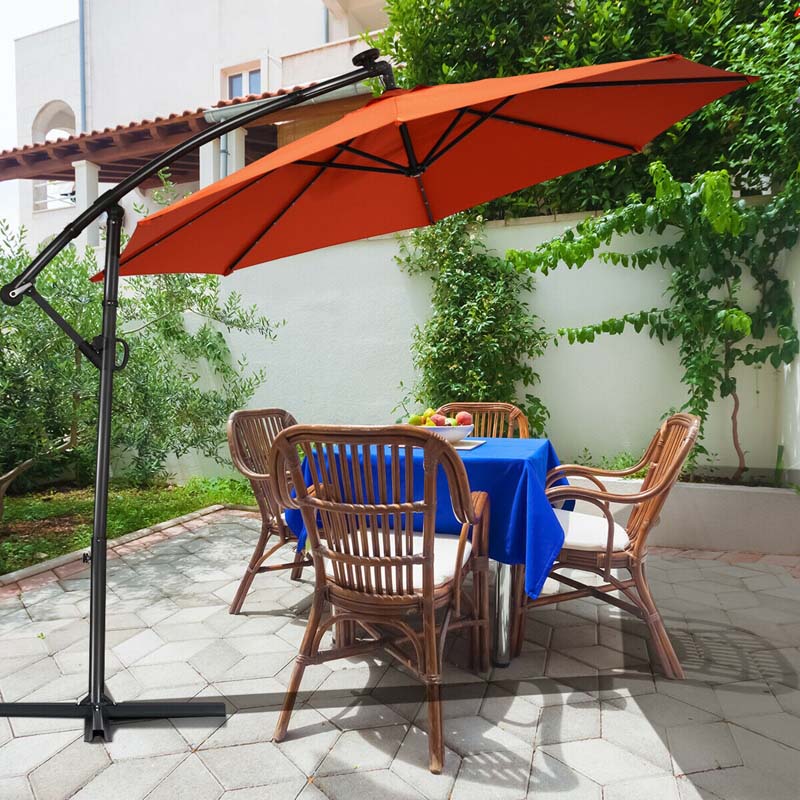 10FT Solar LED Offset Cantilever Umbrella, 360° Rotation Outdoor Patio Market Umbrella with Tilt Adjustment, Cross Base & Crank Handle