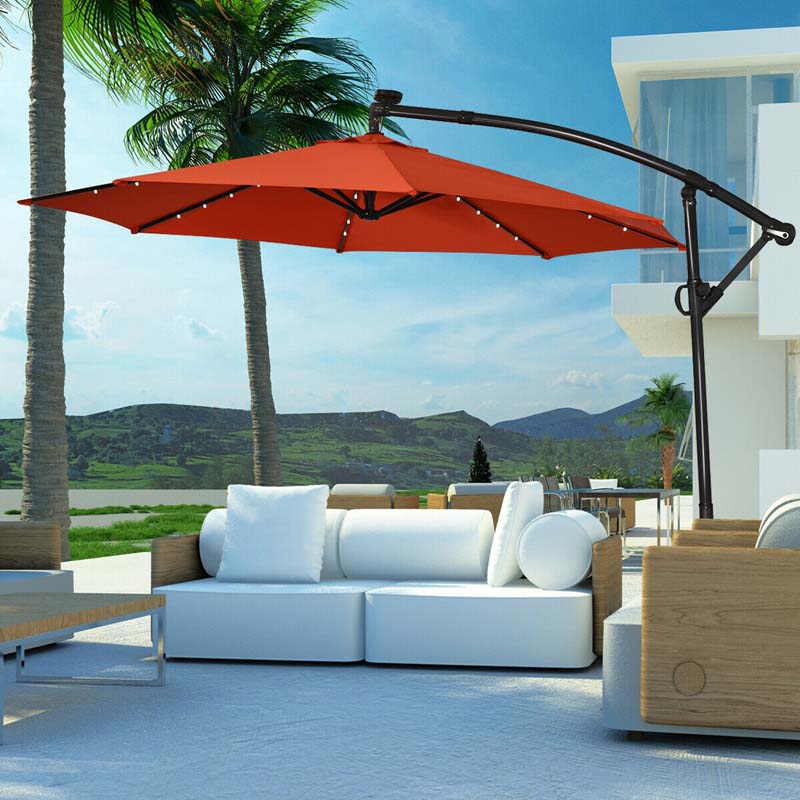 10FT Solar LED Offset Cantilever Umbrella, 360° Rotation Outdoor Patio Market Umbrella with Tilt Adjustment, Cross Base & Crank Handle